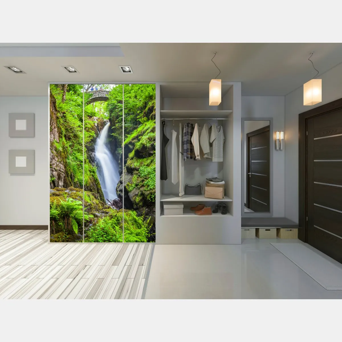 Naklejka na szafę wodospad w mchem porośniętym wąwozie z kamiennym mostem – Wallissimo® Naklejka na szafę wodospad w mchem porośniętym wąwozie z kamiennym mostem – Wallissimo®