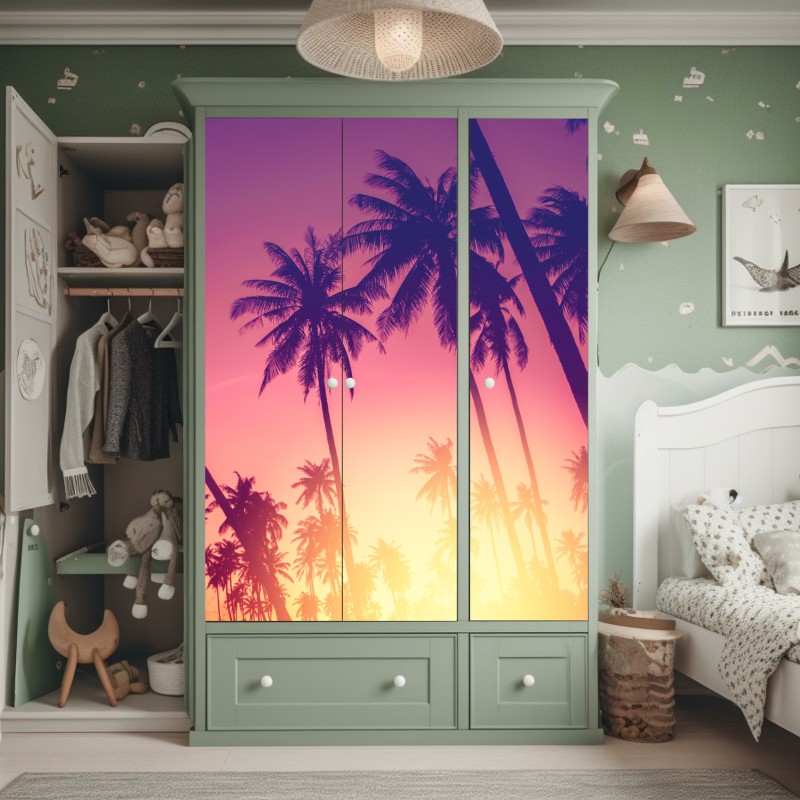 Naklejka na szafę tropikalny zachód słońca z palmami – Wallissimo® Naklejka na szafę tropikalny zachód słońca z palmami – Wallissimo®