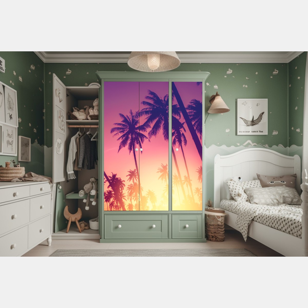 Naklejka na szafę tropikalny zachód słońca z palmami – Wallissimo® Naklejka na szafę tropikalny zachód słońca z palmami – Wallissimo®