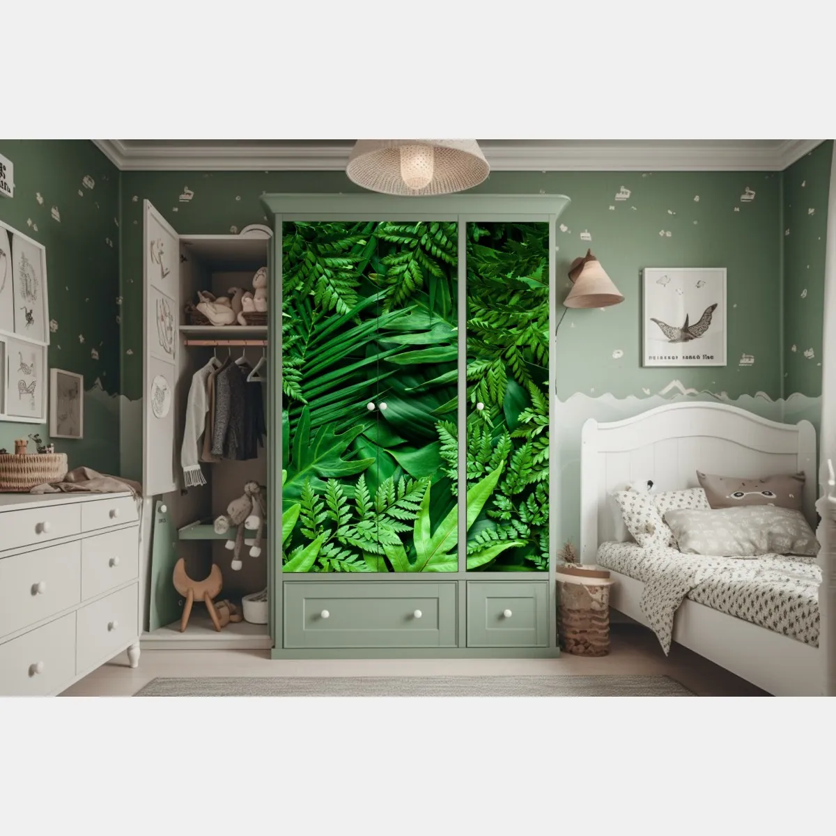 Naklejka na szafę bujny zielony wzór liści – Wallissimo® Naklejka na szafę bujny zielony wzór liści – Wallissimo®