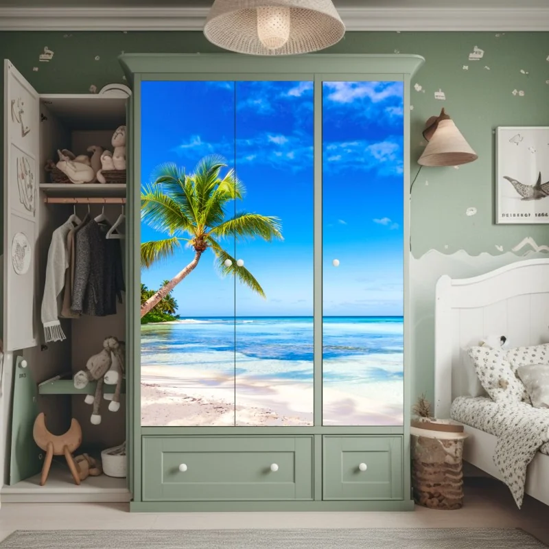 Naklejka na szafę tropikalna plaża z palmą – Wallissimo® Naklejka na szafę tropikalna plaża z palmą – Wallissimo®