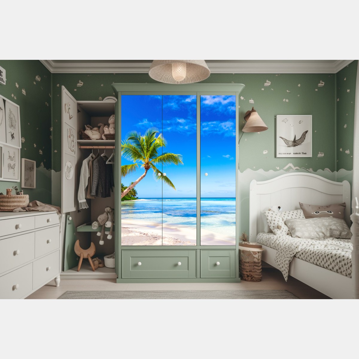 Naklejka na szafę tropikalna plaża z palmą – Wallissimo® Naklejka na szafę tropikalna plaża z palmą – Wallissimo®
