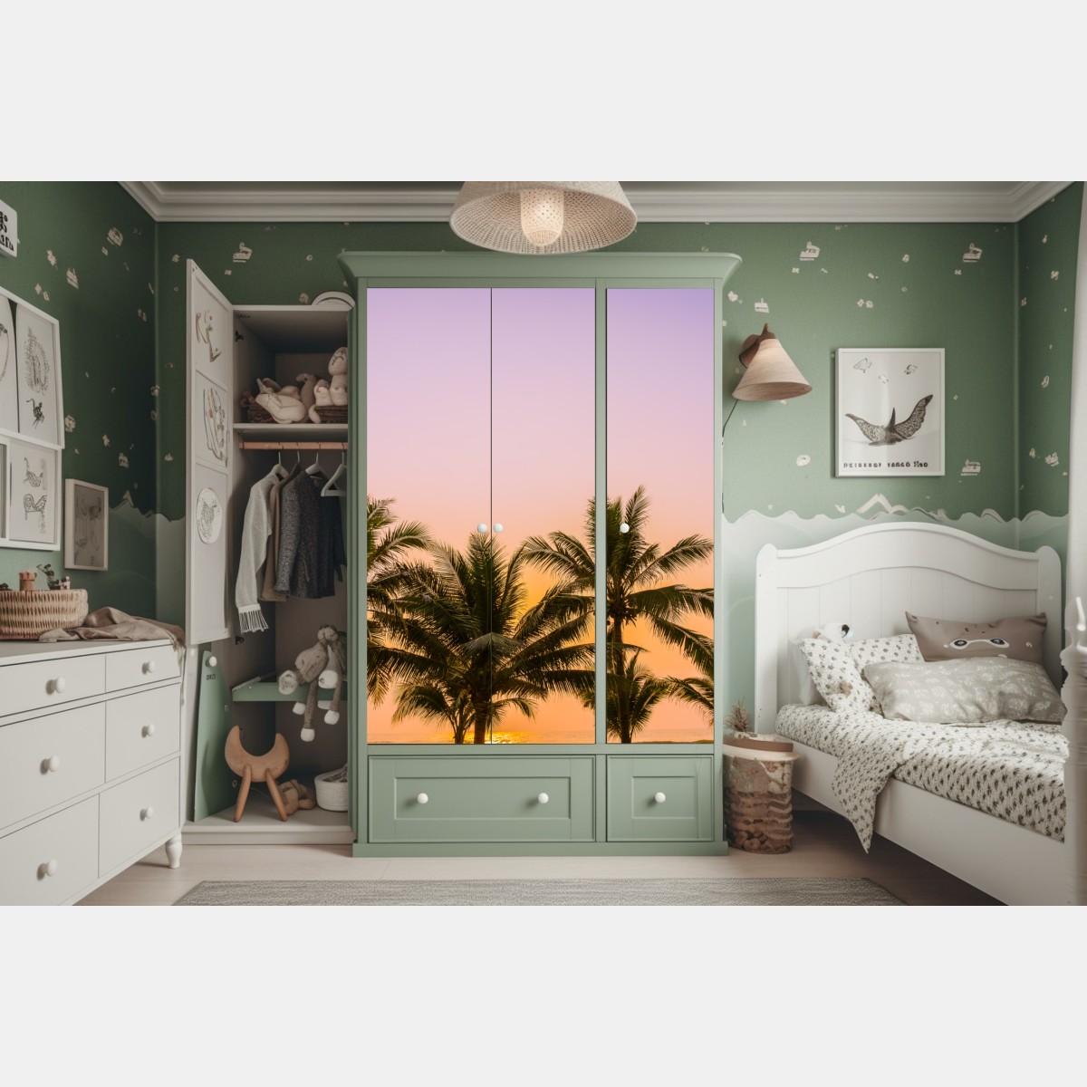 Naklejka na szafę tropikalny zachód słońca z palmami na plaży – Wallissimo® Naklejka na szafę tropikalny zachód słońca z palmami na plaży – Wallissimo®