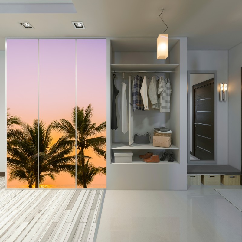 Naklejka na szafę tropikalny zachód słońca z palmami na plaży – Wallissimo® Naklejka na szafę tropikalny zachód słońca z palmami na plaży – Wallissimo®