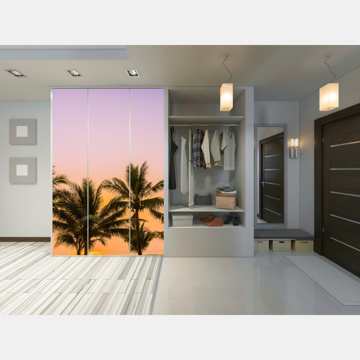 Naklejka na szafę tropikalny zachód słońca z palmami na plaży – Wallissimo® Naklejka na szafę tropikalny zachód słońca z palmami na plaży – Wallissimo®