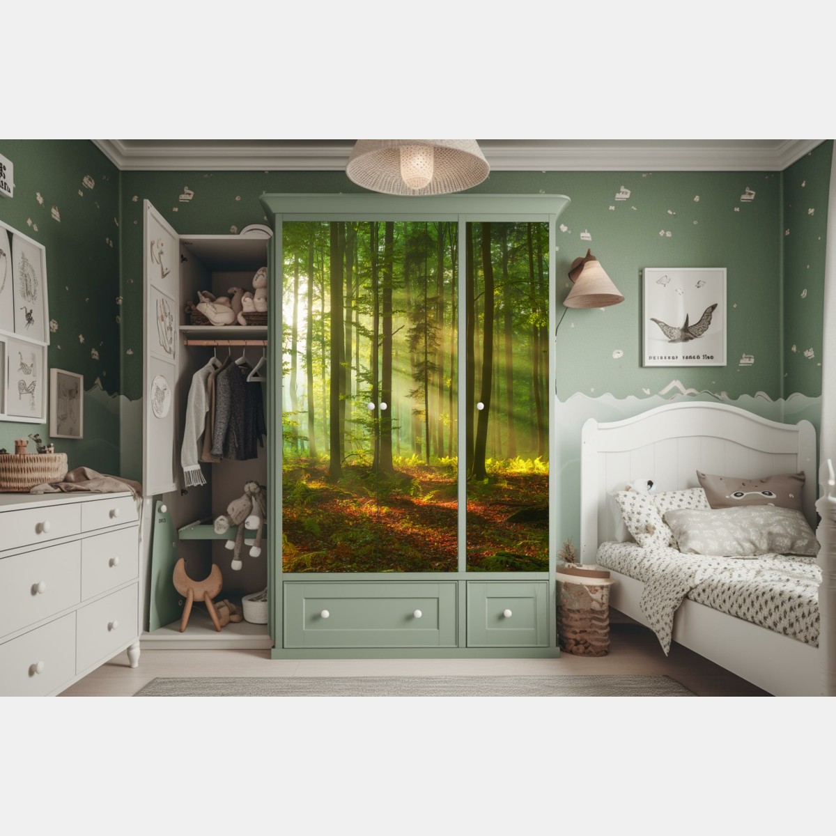 Naklejka na szafę poranne światło w zielonym lesie – Wallissimo® Naklejka na szafę poranne światło w zielonym lesie – Wallissimo®
