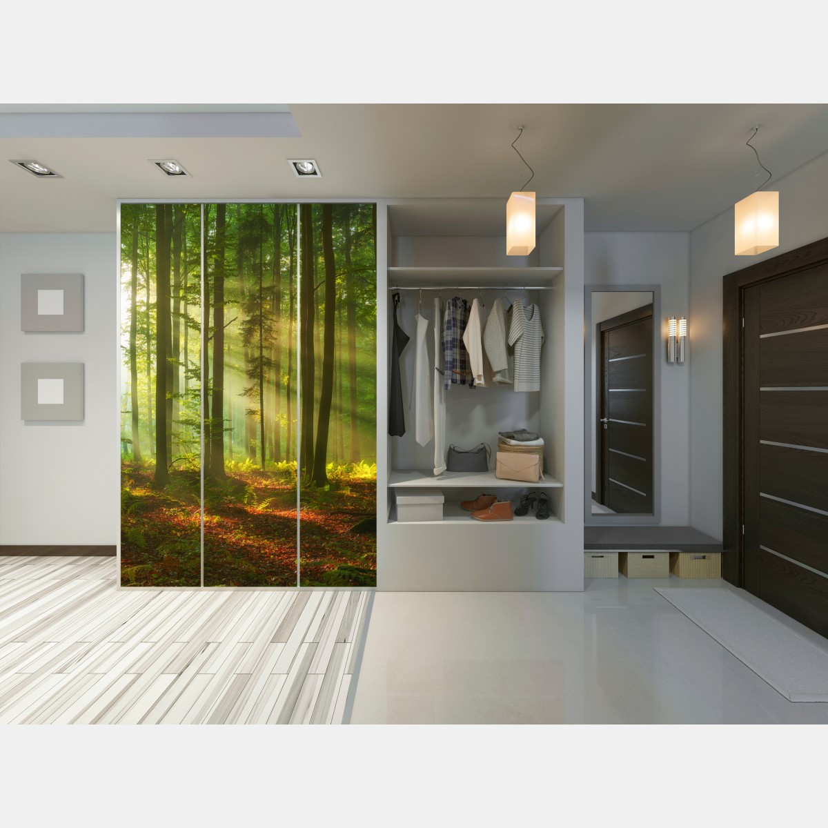 Naklejka na szafę poranne światło w zielonym lesie – Wallissimo® Naklejka na szafę poranne światło w zielonym lesie – Wallissimo®