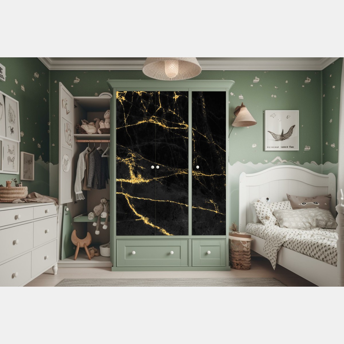 Naklejka na szafę czarny marmur ze złotymi żyłami – Wallissimo® Naklejka na szafę czarny marmur ze złotymi żyłami – Wallissimo®