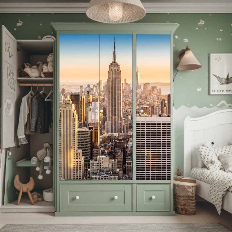 Naklejka na szafę Nowy Jork panorama miasta o zachodzie słońca – Wallissimo® Naklejka na szafę Nowy Jork panorama miasta o zachodzie słońca – Wallissimo®