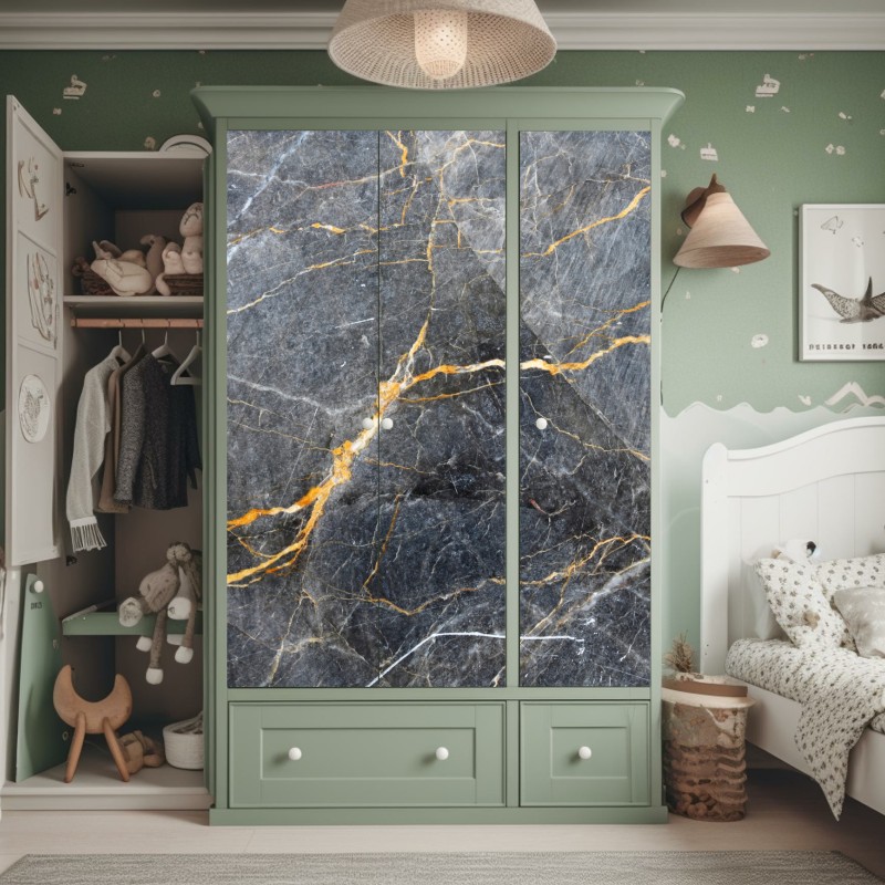 Naklejka na szafę ciemnoszary marmur ze złotymi żyłami – Wallissimo® Naklejka na szafę ciemnoszary marmur ze złotymi żyłami – Wallissimo®