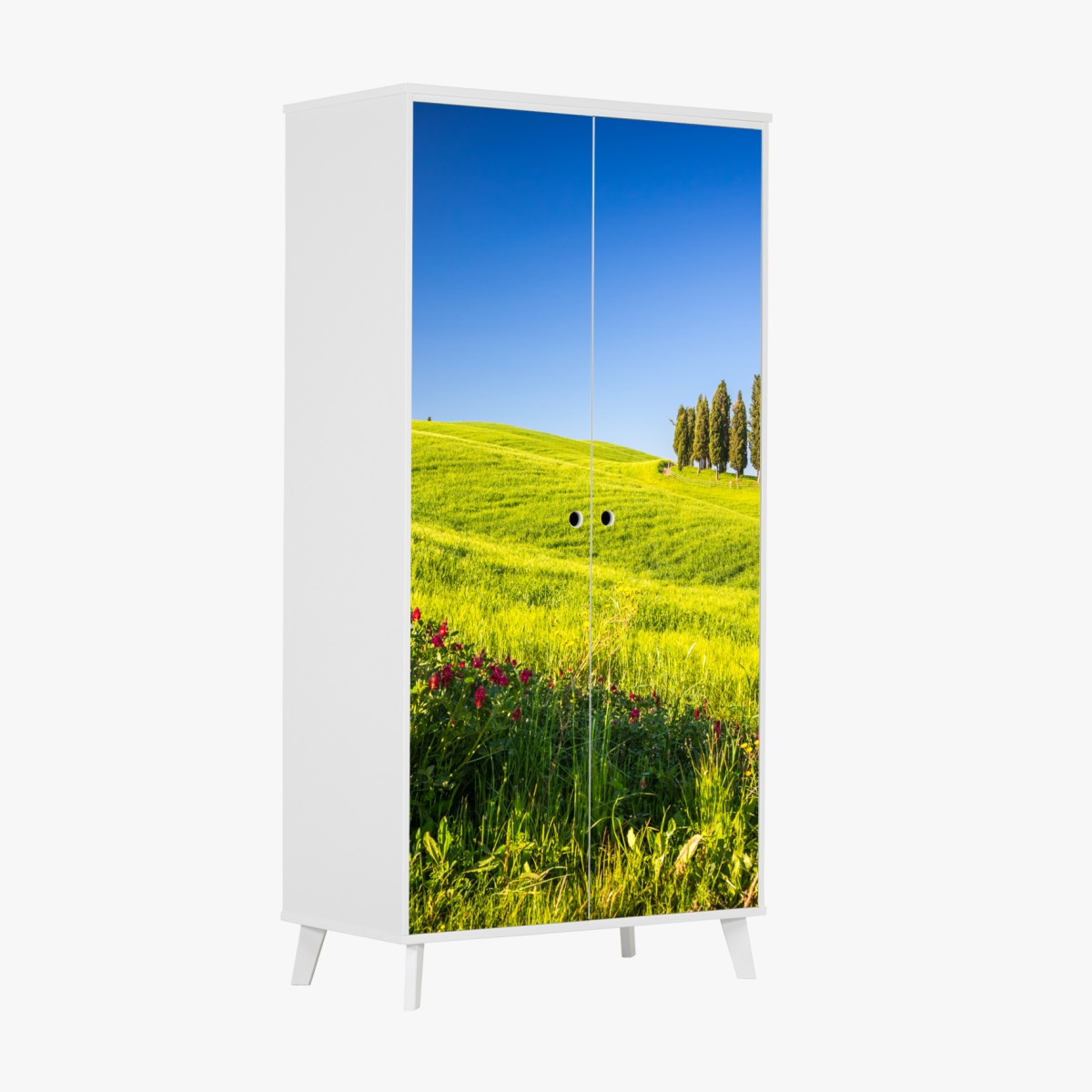 Wardrobe sticker sunlit rolling green hills with cypress trees