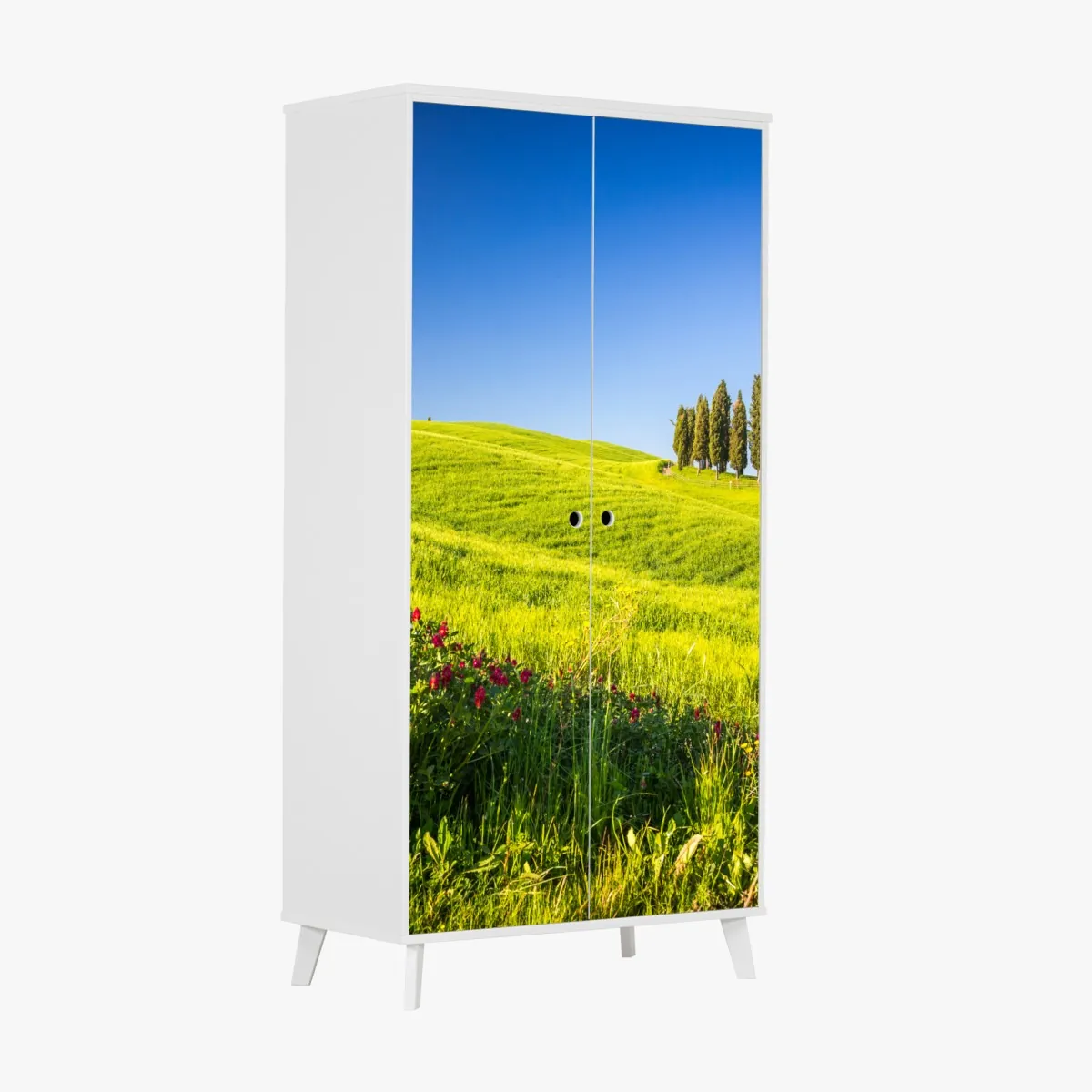 Naklejka na szafę słoneczne zielone wzgórza z cyprysami – Wallissimo® Naklejka na szafę słoneczne zielone wzgórza z cyprysami – Wallissimo®