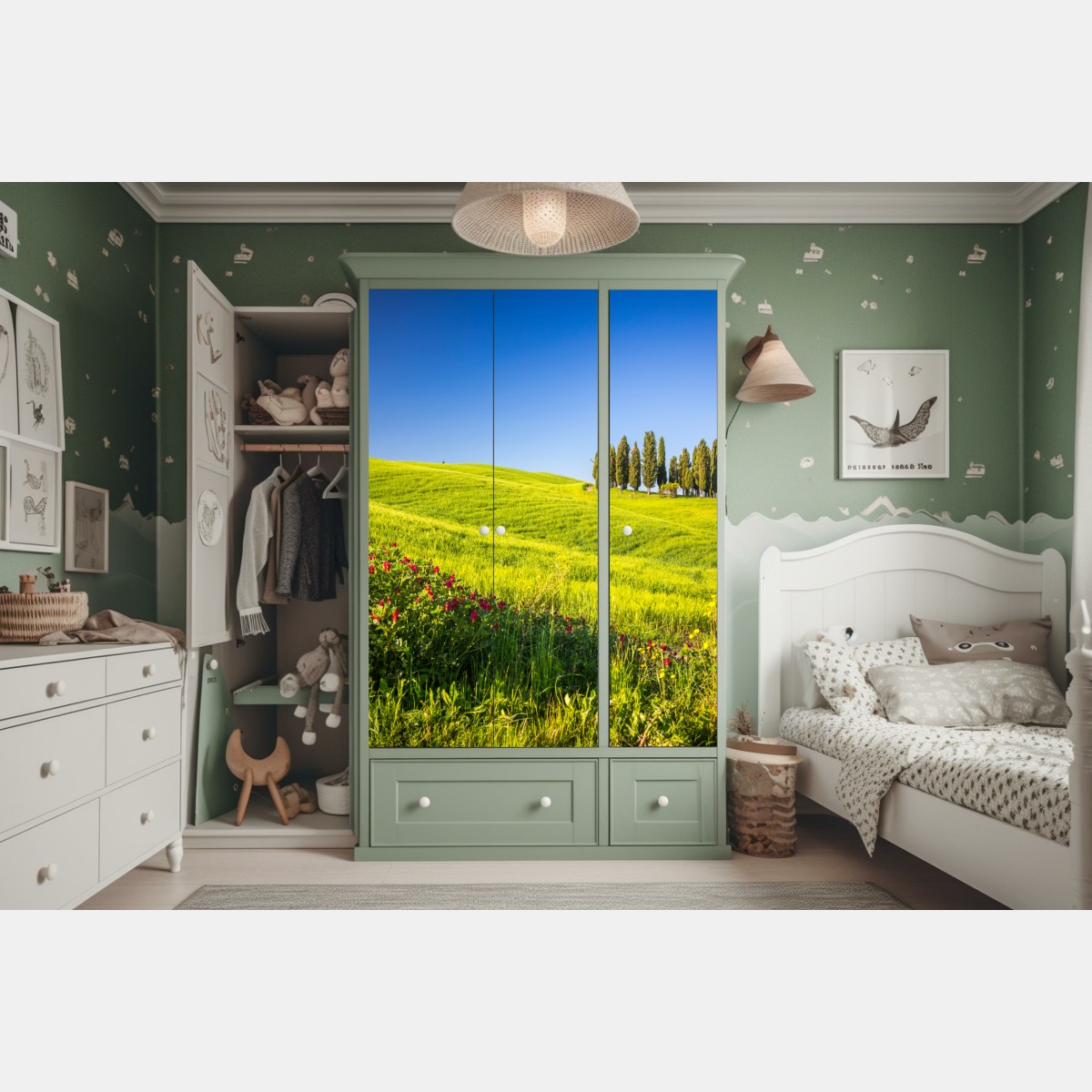 Naklejka na szafę słoneczne zielone wzgórza z cyprysami – Wallissimo® Naklejka na szafę słoneczne zielone wzgórza z cyprysami – Wallissimo®