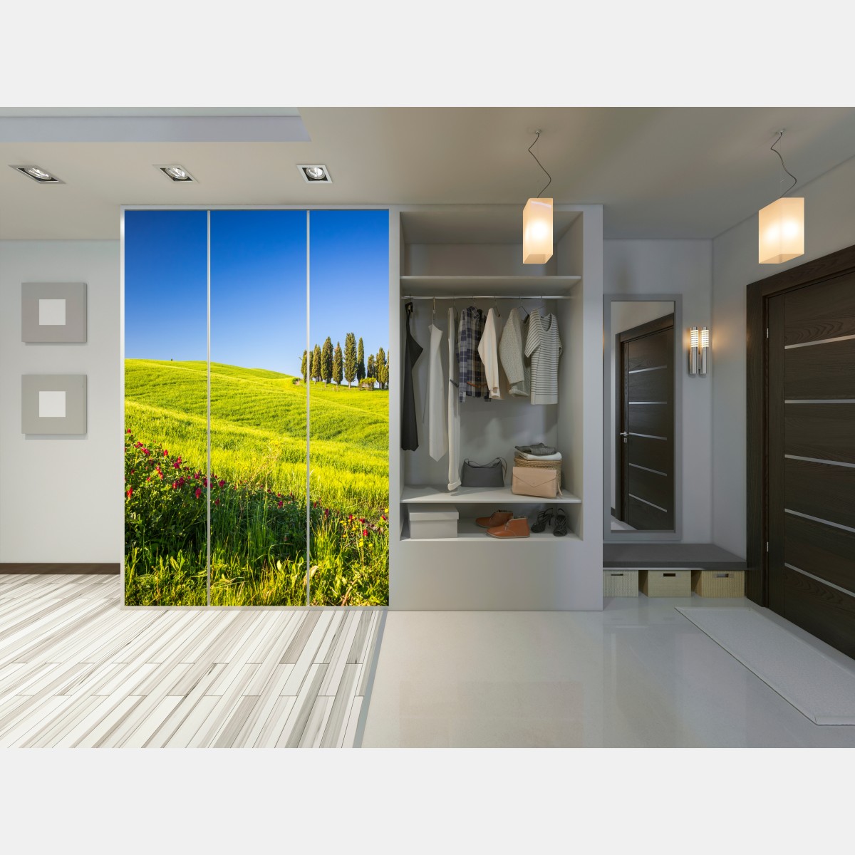 Naklejka na szafę słoneczne zielone wzgórza z cyprysami – Wallissimo® Naklejka na szafę słoneczne zielone wzgórza z cyprysami – Wallissimo®