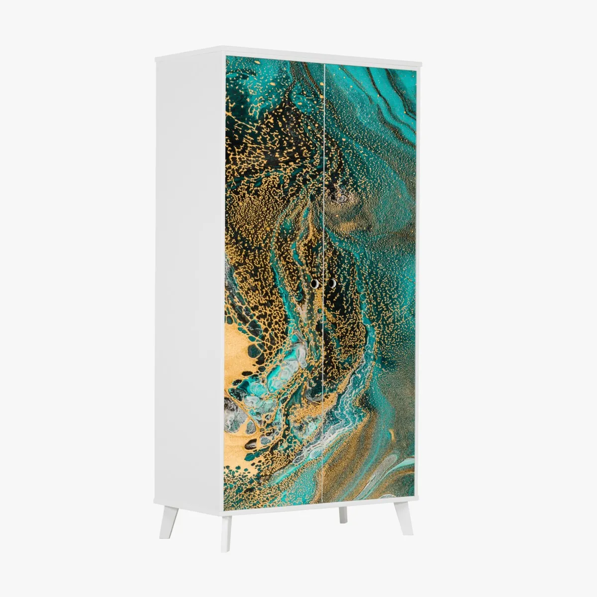 Naklejka na szafę turkusowy i złoty płynny wir abstrakcji – Wallissimo® Naklejka na szafę turkusowy i złoty płynny wir abstrakcji – Wallissimo®