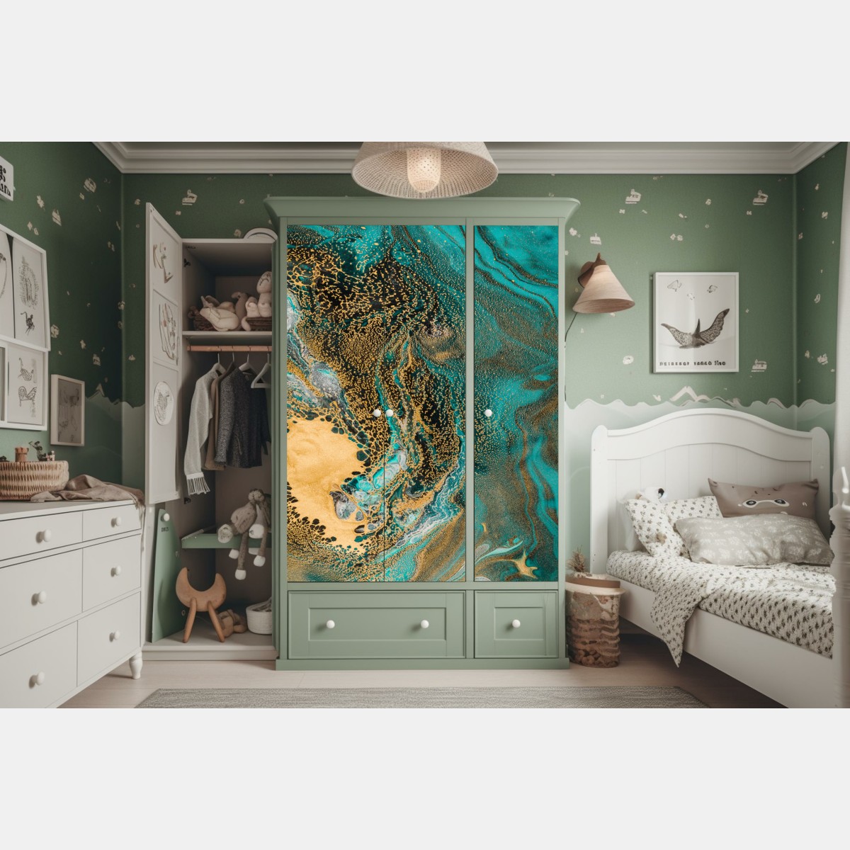 Naklejka na szafę turkusowy i złoty płynny wir abstrakcji – Wallissimo® Naklejka na szafę turkusowy i złoty płynny wir abstrakcji – Wallissimo®