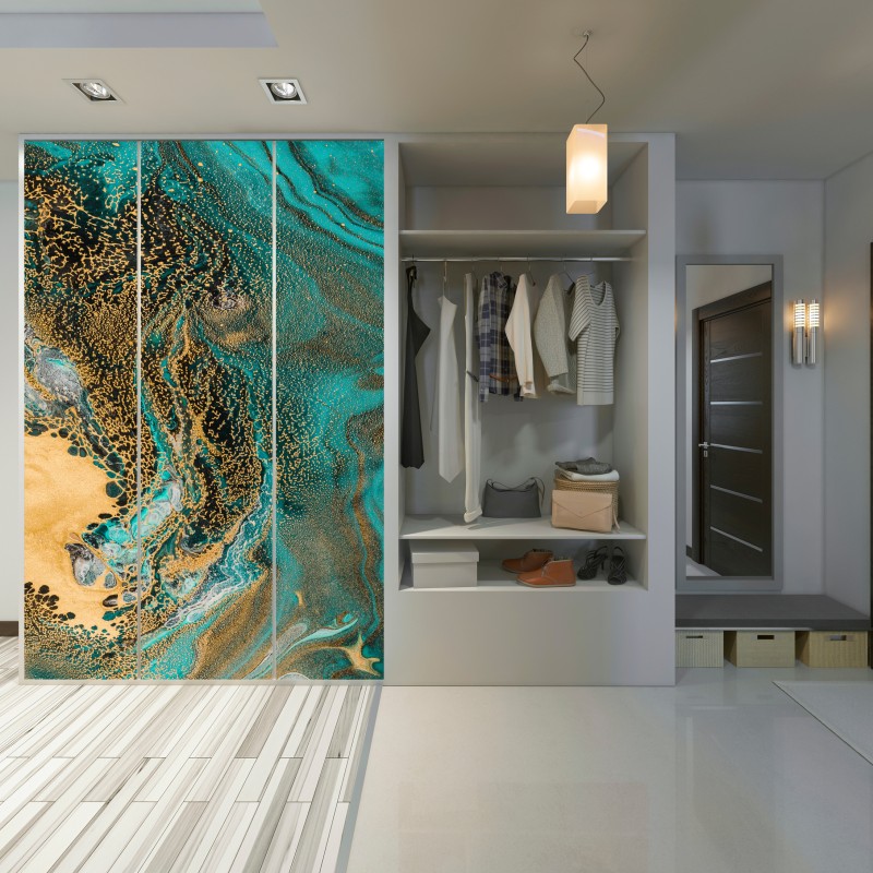 Naklejka na szafę turkusowy i złoty płynny wir abstrakcji – Wallissimo® Naklejka na szafę turkusowy i złoty płynny wir abstrakcji – Wallissimo®
