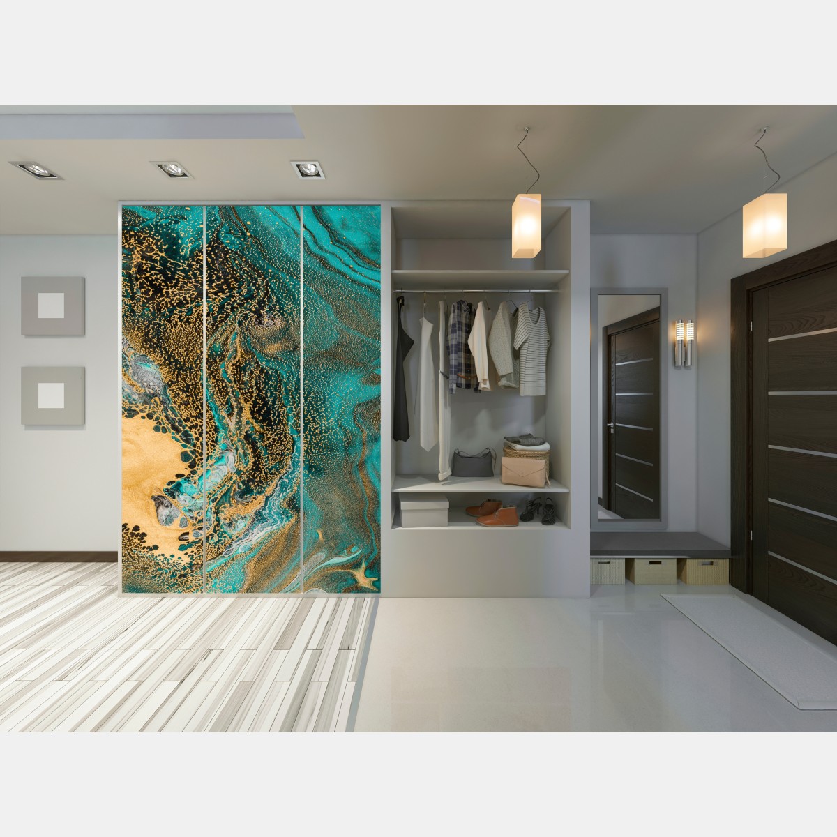 Naklejka na szafę turkusowy i złoty płynny wir abstrakcji – Wallissimo® Naklejka na szafę turkusowy i złoty płynny wir abstrakcji – Wallissimo®
