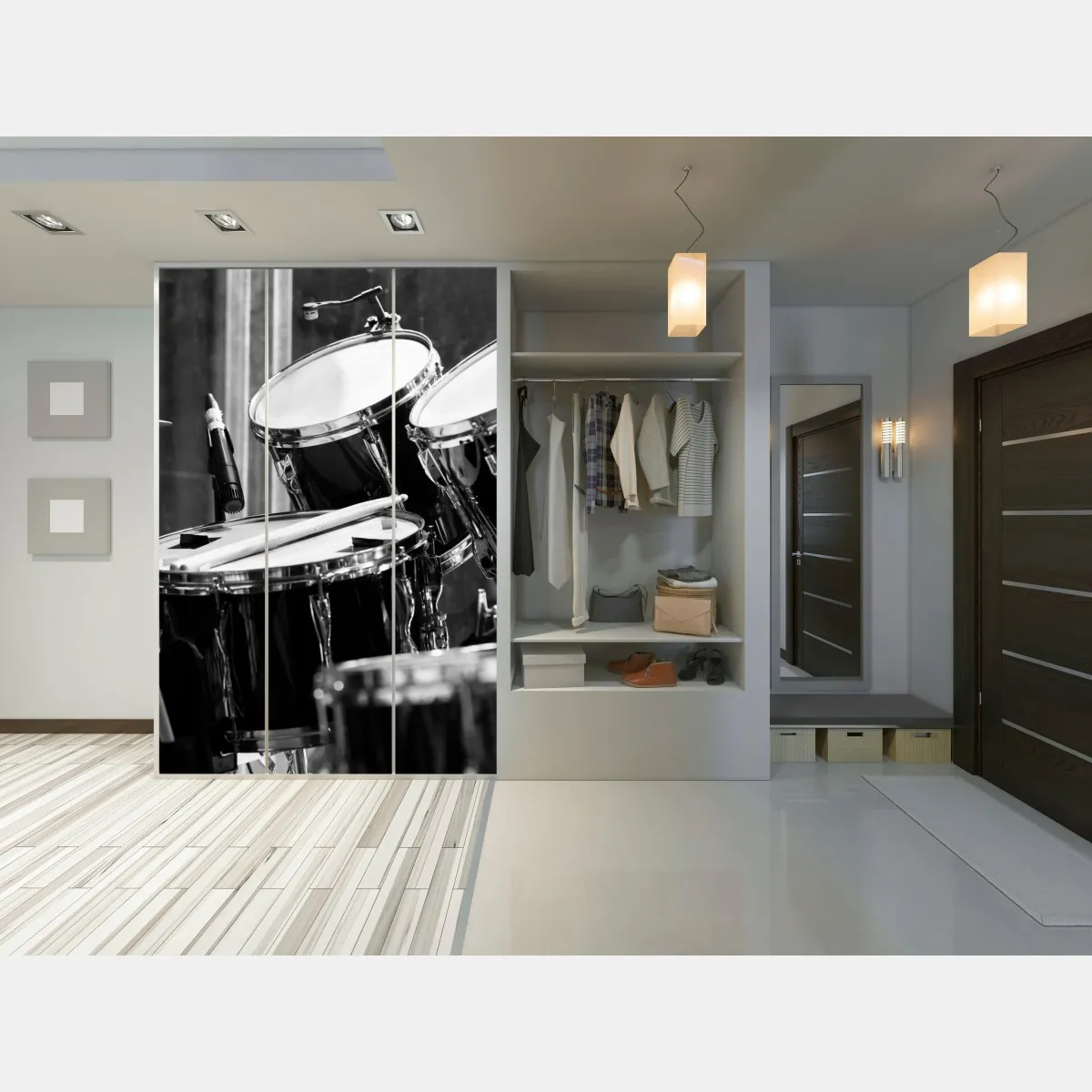 Naklejka na szafę czarno-białe zbliżenie zestawu perkusyjnego – Wallissimo® Naklejka na szafę czarno-białe zbliżenie zestawu perkusyjnego – Wallissimo®