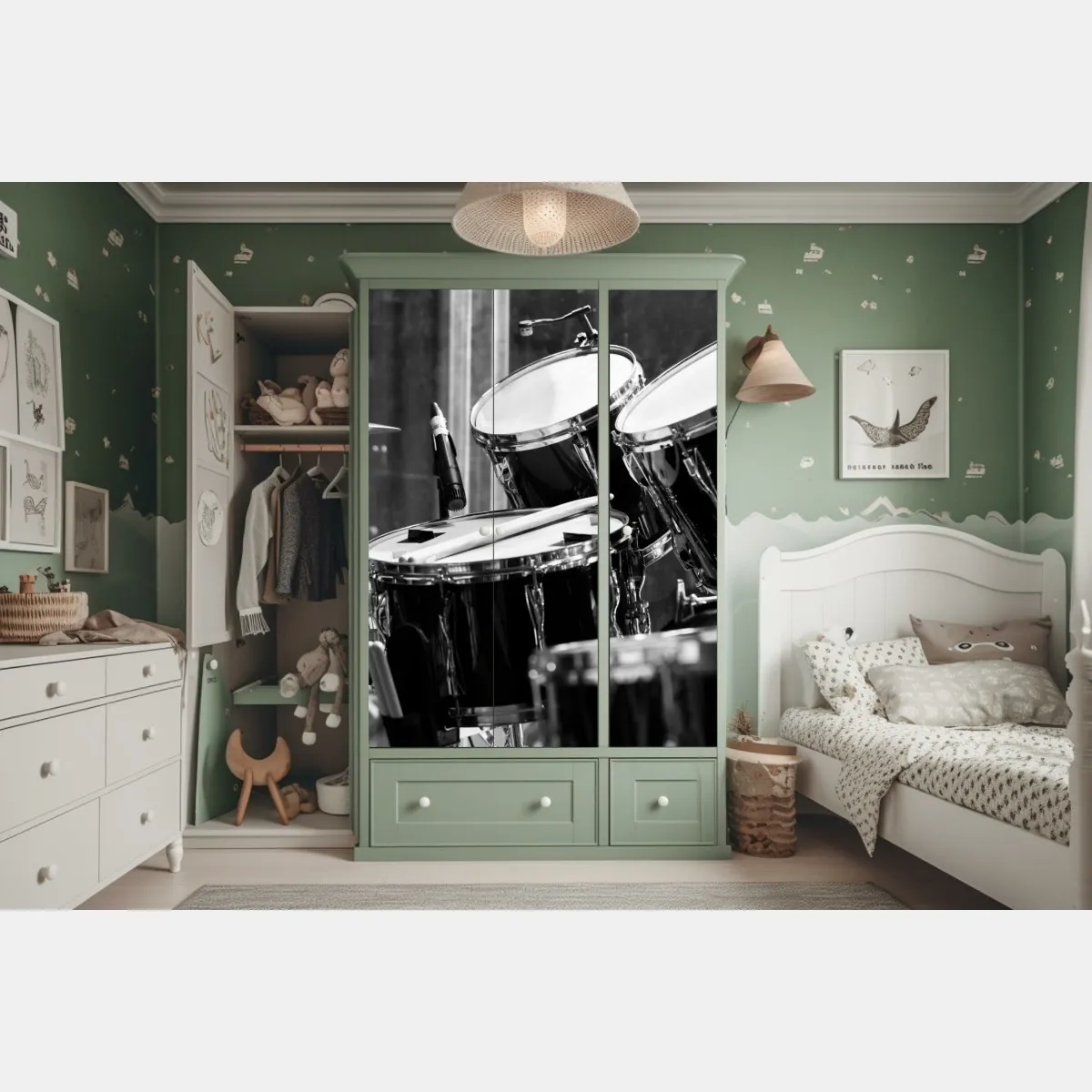 Naklejka na szafę czarno-białe zbliżenie zestawu perkusyjnego – Wallissimo® Naklejka na szafę czarno-białe zbliżenie zestawu perkusyjnego – Wallissimo®