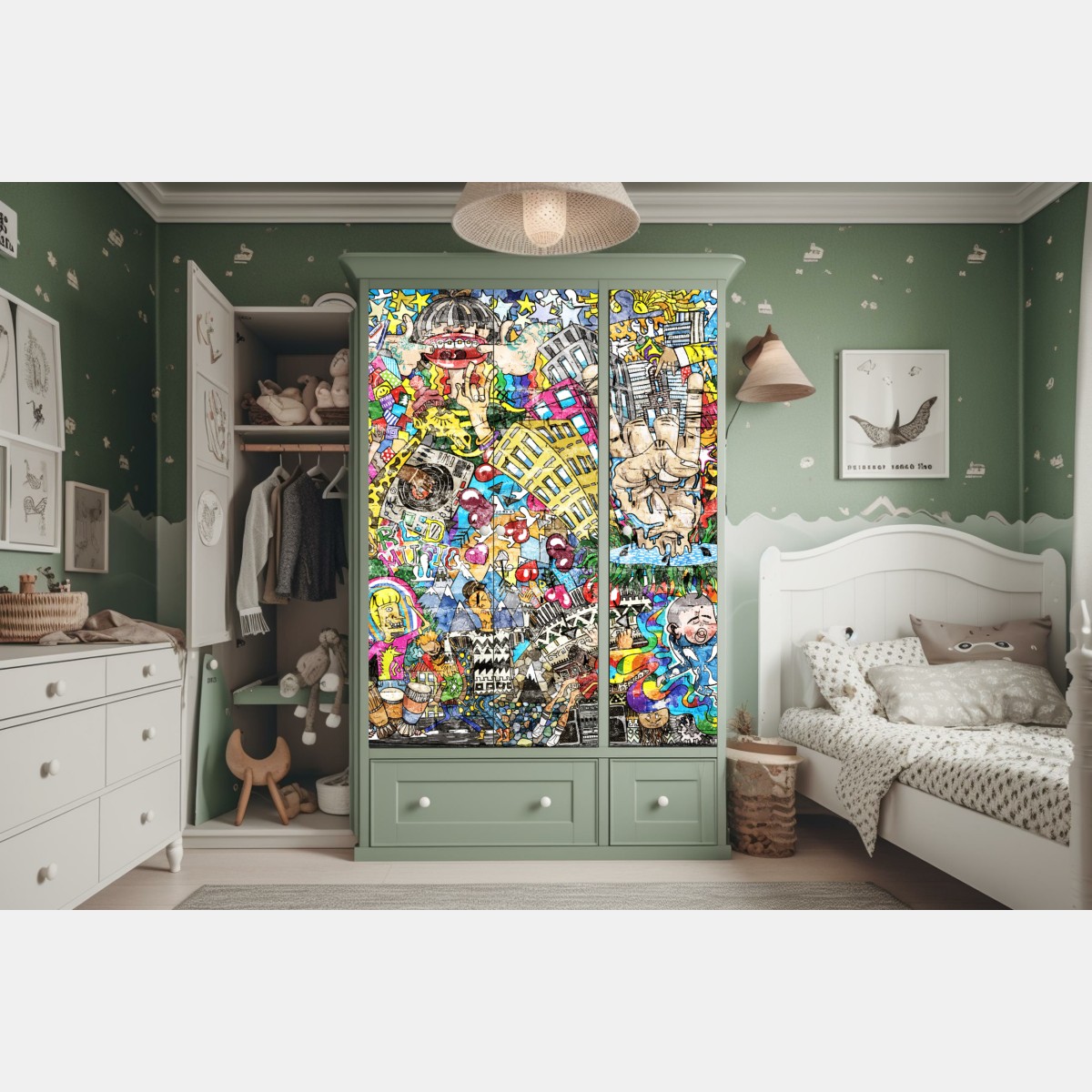 Naklejka na szafę kolorowy miejski mural muzyczny – Wallissimo® Naklejka na szafę kolorowy miejski mural muzyczny – Wallissimo®