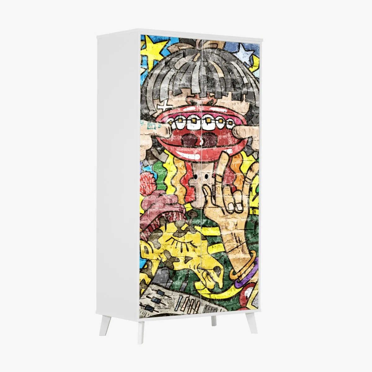 Naklejka na szafę kolorowy mural graffiti z zabawną postacią – Wallissimo® Naklejka na szafę kolorowy mural graffiti z zabawną postacią – Wallissimo®