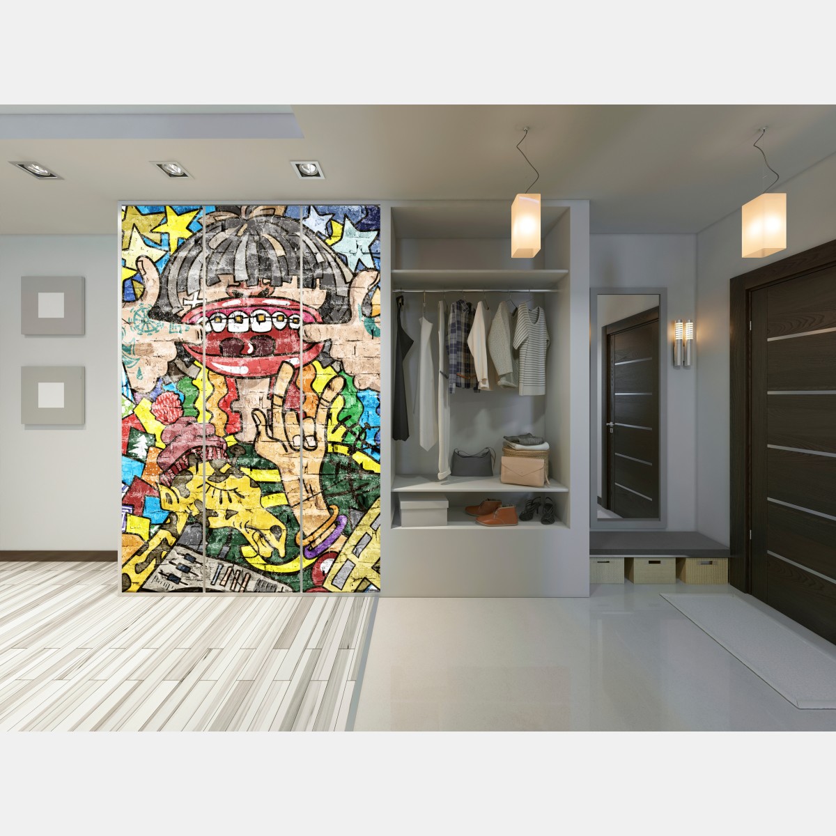 Naklejka na szafę kolorowy mural graffiti z zabawną postacią – Wallissimo® Naklejka na szafę kolorowy mural graffiti z zabawną postacią – Wallissimo®