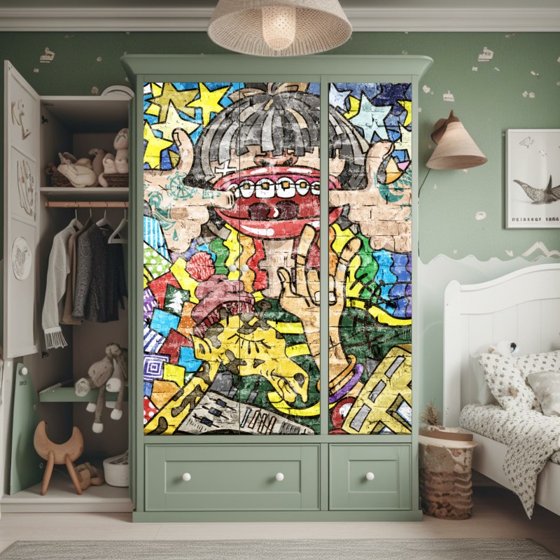 Naklejka na szafę kolorowy mural graffiti z zabawną postacią – Wallissimo® Naklejka na szafę kolorowy mural graffiti z zabawną postacią – Wallissimo®