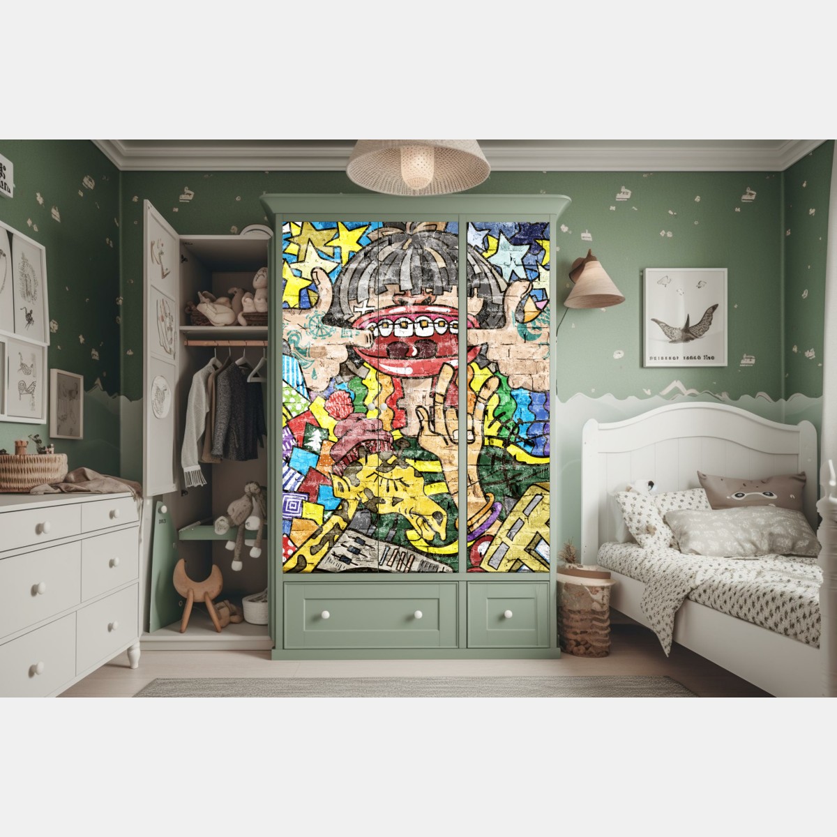 Naklejka na szafę kolorowy mural graffiti z zabawną postacią – Wallissimo® Naklejka na szafę kolorowy mural graffiti z zabawną postacią – Wallissimo®