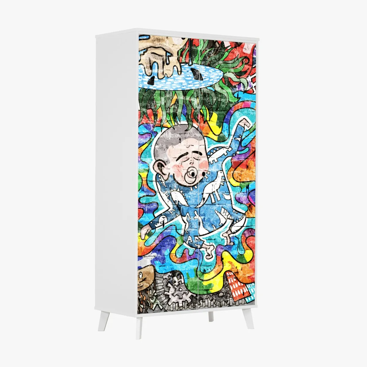 Naklejka na szafę kolorowy mural graffiti ze śniącym dzieckiem – Wallissimo® Naklejka na szafę kolorowy mural graffiti ze śniącym dzieckiem – Wallissimo®