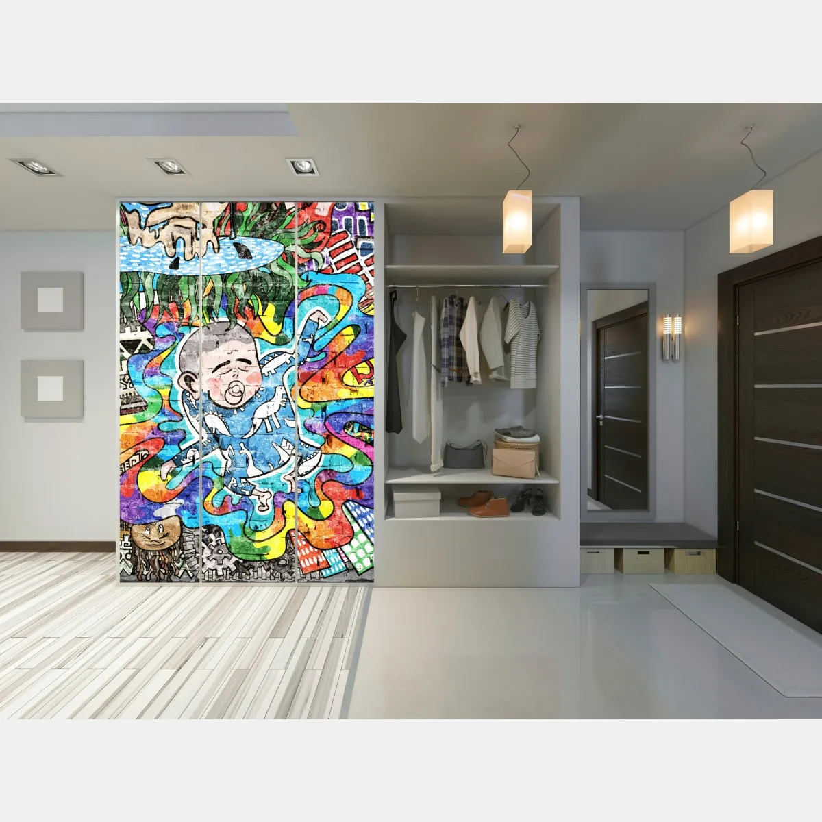 Naklejka na szafę kolorowy mural graffiti ze śniącym dzieckiem – Wallissimo® Naklejka na szafę kolorowy mural graffiti ze śniącym dzieckiem – Wallissimo®