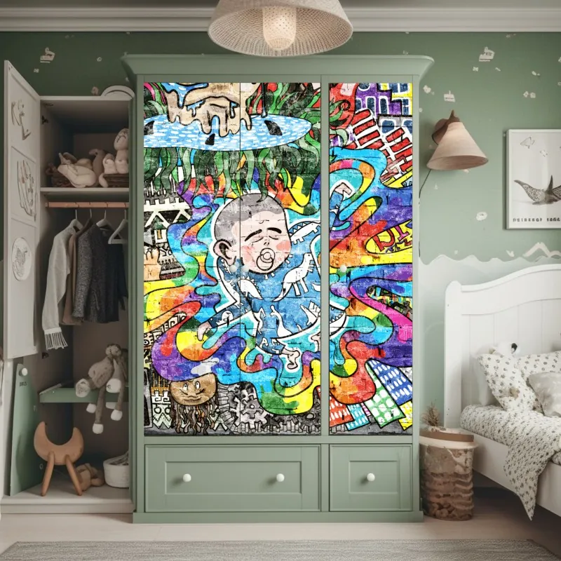 Naklejka na szafę kolorowy mural graffiti ze śniącym dzieckiem – Wallissimo® Naklejka na szafę kolorowy mural graffiti ze śniącym dzieckiem – Wallissimo®