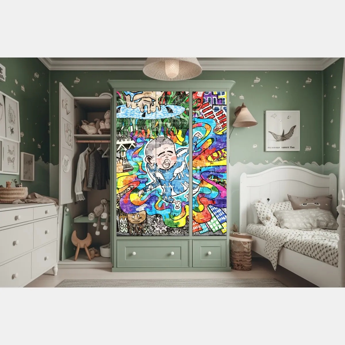 Naklejka na szafę kolorowy mural graffiti ze śniącym dzieckiem – Wallissimo® Naklejka na szafę kolorowy mural graffiti ze śniącym dzieckiem – Wallissimo®