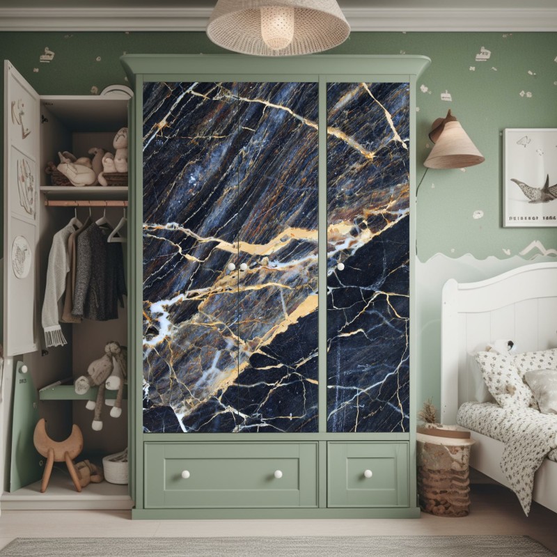 Naklejka na szafę ciemny marmur ze złotymi i kremowymi żyłami – Wallissimo® Naklejka na szafę ciemny marmur ze złotymi i kremowymi żyłami – Wallissimo®