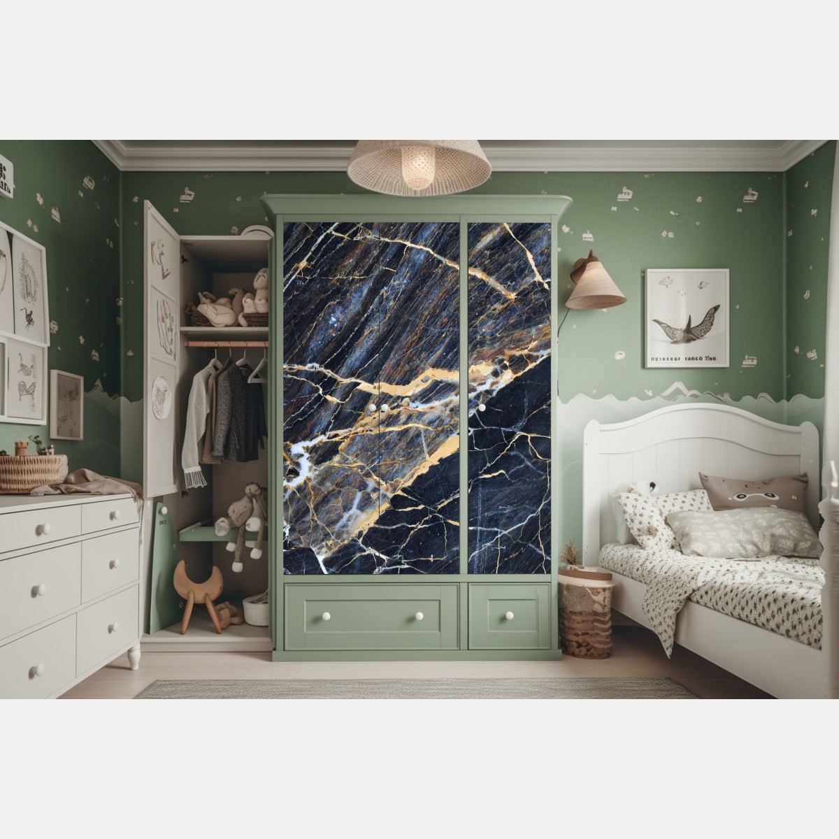 Naklejka na szafę ciemny marmur ze złotymi i kremowymi żyłami – Wallissimo® Naklejka na szafę ciemny marmur ze złotymi i kremowymi żyłami – Wallissimo®