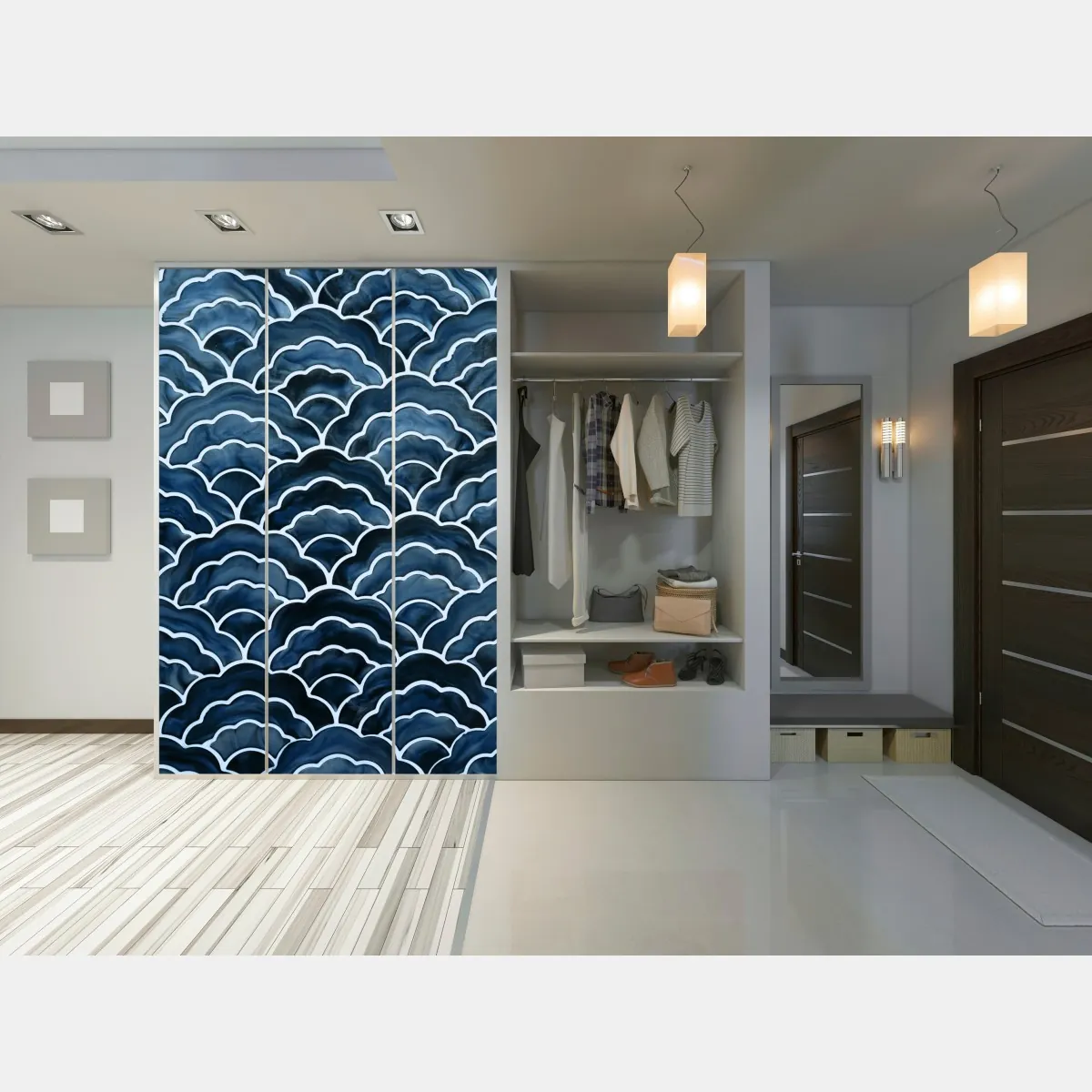 Naklejka na szafę japoński niebieski wzór seigaiha – Wallissimo® Naklejka na szafę japoński niebieski wzór seigaiha – Wallissimo®