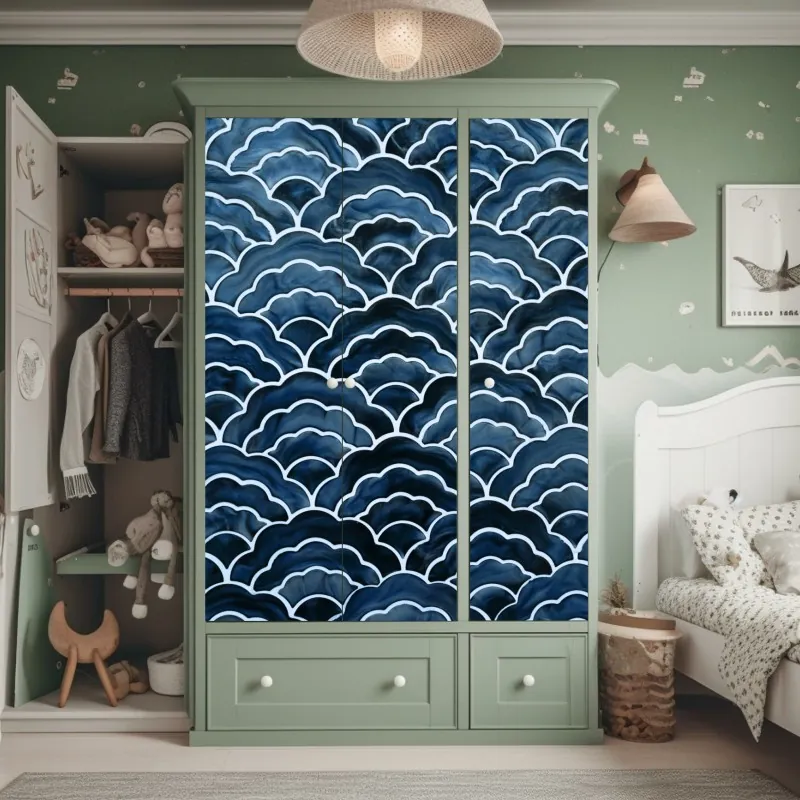 Naklejka na szafę japoński niebieski wzór seigaiha – Wallissimo® Naklejka na szafę japoński niebieski wzór seigaiha – Wallissimo®