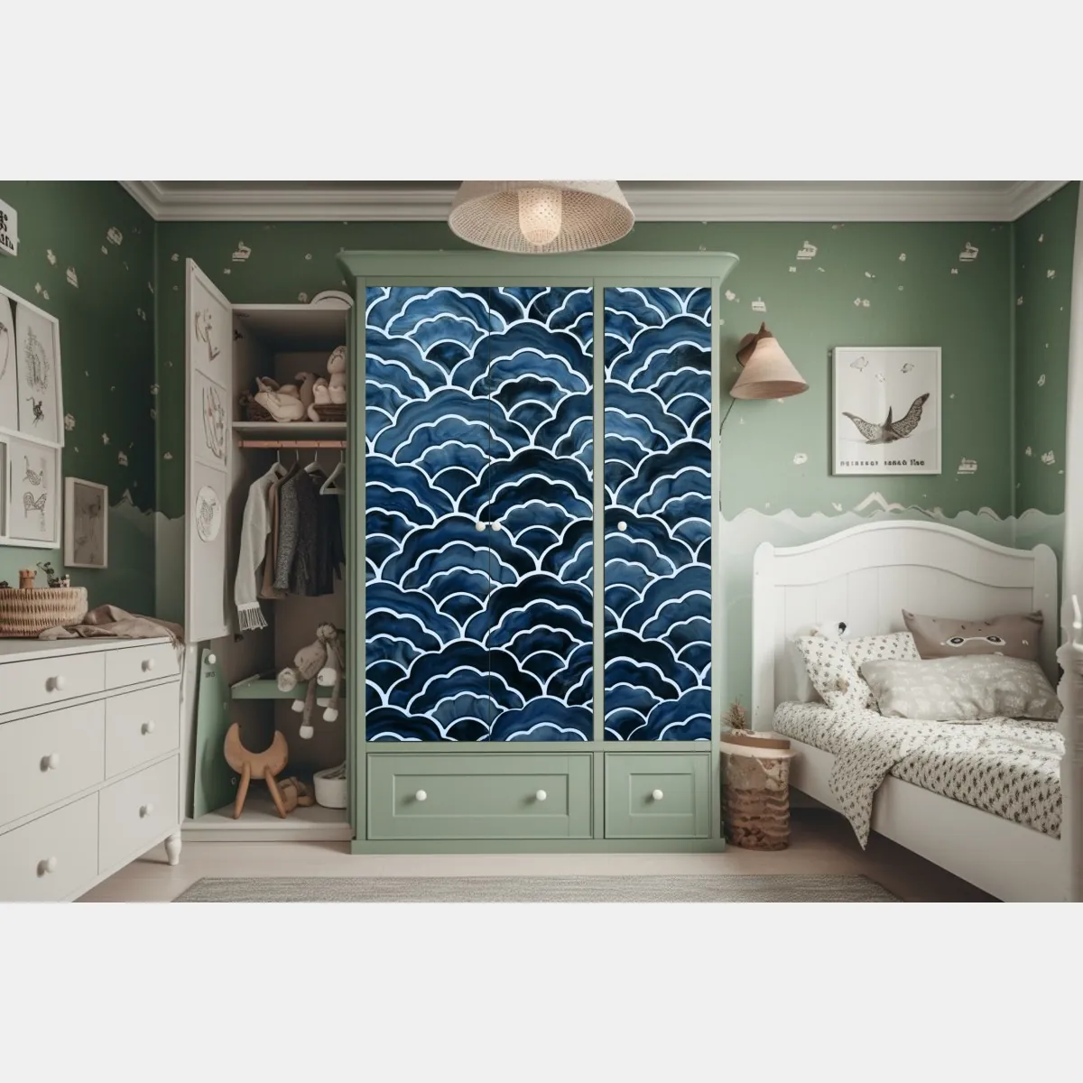 Naklejka na szafę japoński niebieski wzór seigaiha – Wallissimo® Naklejka na szafę japoński niebieski wzór seigaiha – Wallissimo®