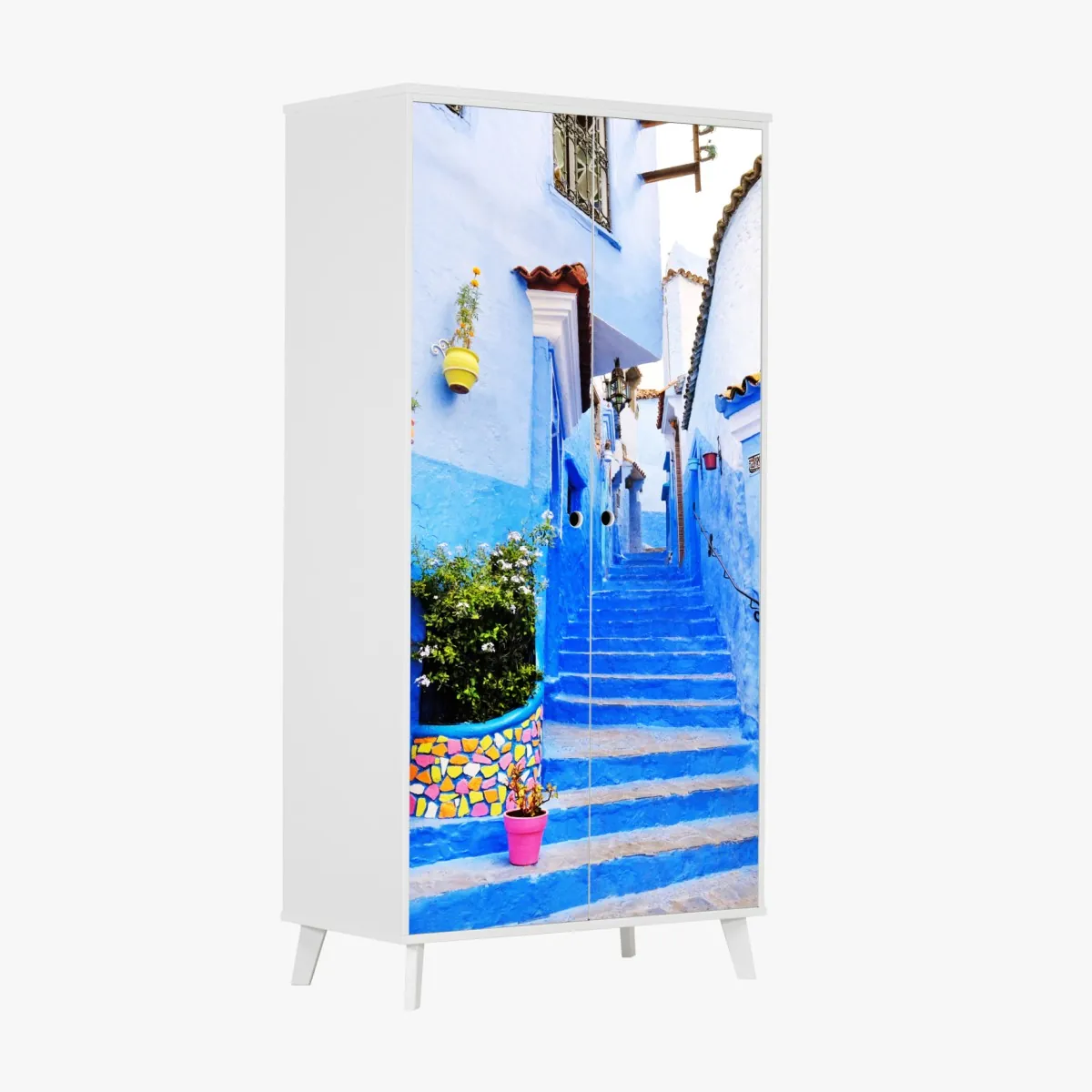 Naklejka na szafę niebieska uliczka w Chefchaouen – Wallissimo® Naklejka na szafę niebieska uliczka w Chefchaouen – Wallissimo®