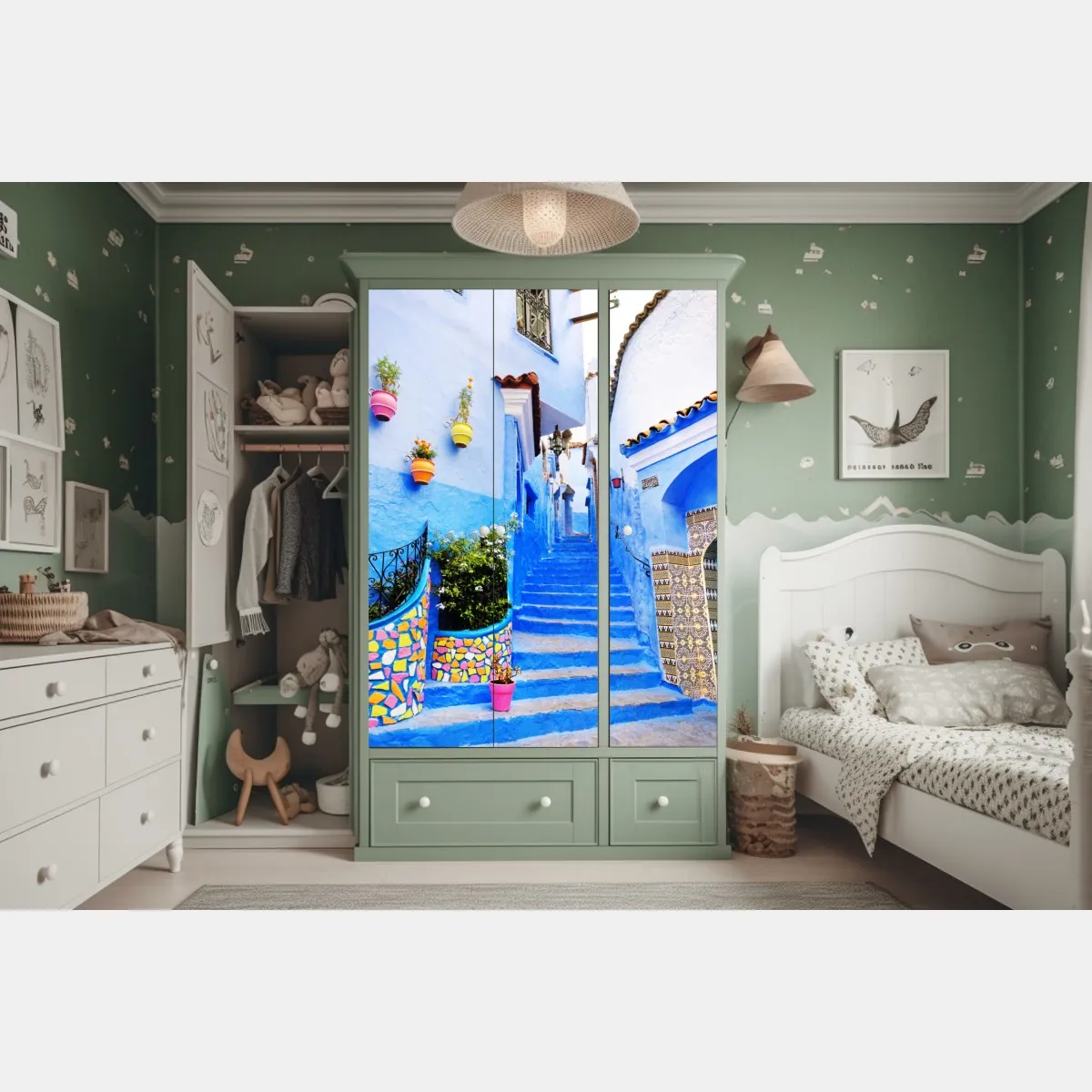 Naklejka na szafę niebieska uliczka w Chefchaouen – Wallissimo® Naklejka na szafę niebieska uliczka w Chefchaouen – Wallissimo®