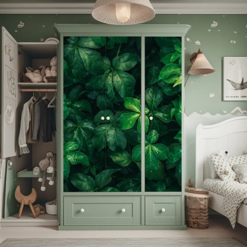 Naklejka na szafę bujne tropikalne zielone liście – Wallissimo® Naklejka na szafę bujne tropikalne zielone liście – Wallissimo®