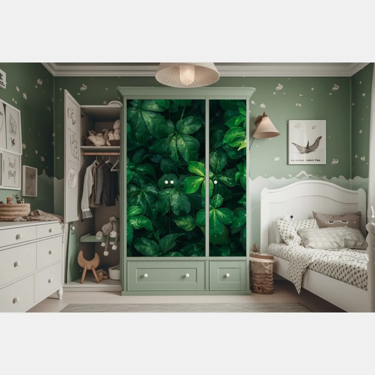 Naklejka na szafę bujne tropikalne zielone liście – Wallissimo® Naklejka na szafę bujne tropikalne zielone liście – Wallissimo®