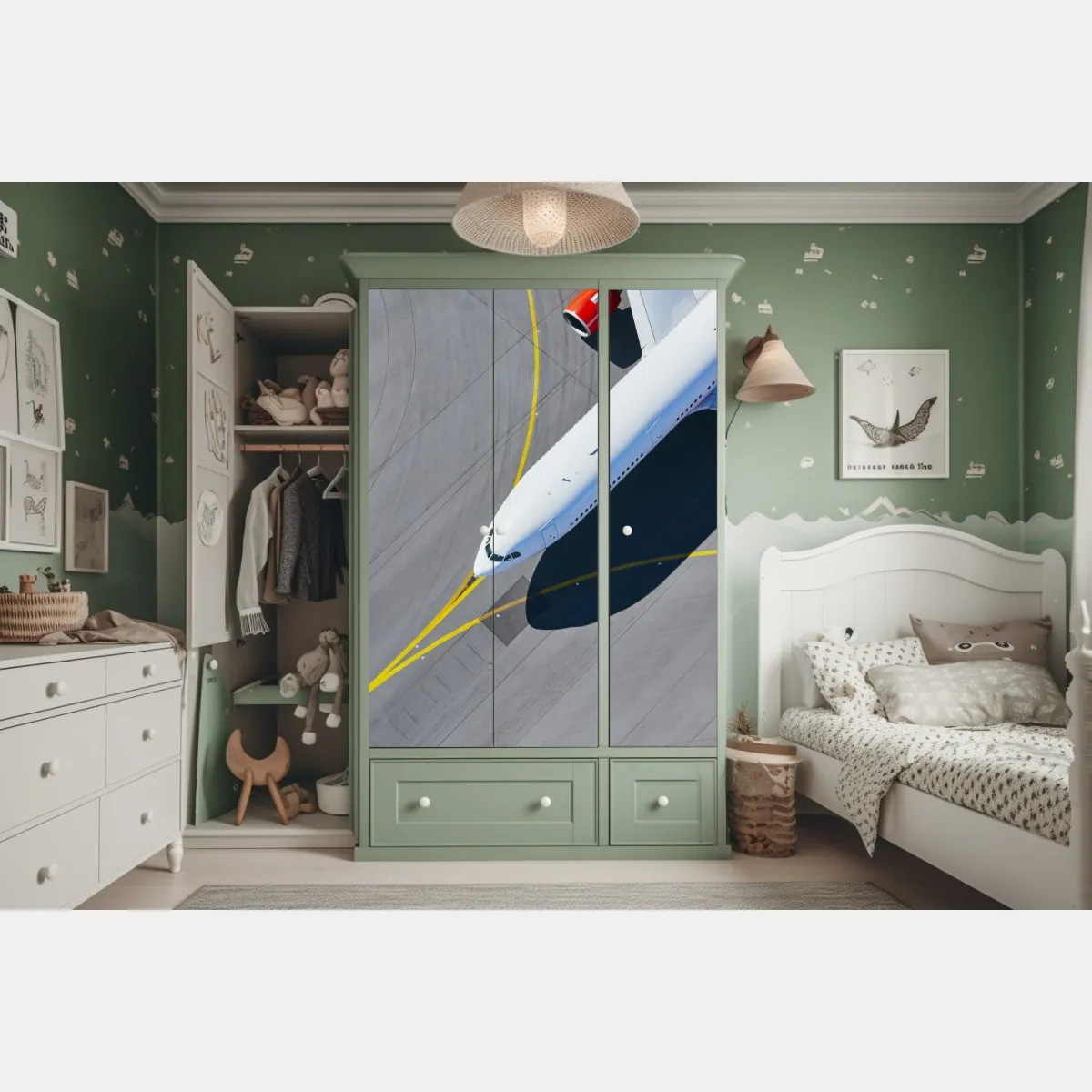 Naklejka na szafę widok z lotu ptaka na samolot na płycie lotniska – Wallissimo® Naklejka na szafę widok z lotu ptaka na samolot na płycie lotniska – Wallissimo®