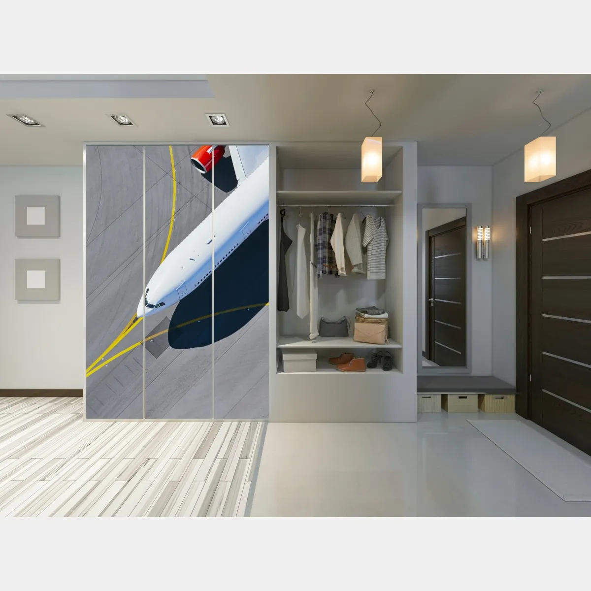 Naklejka na szafę widok z lotu ptaka na samolot na płycie lotniska – Wallissimo® Naklejka na szafę widok z lotu ptaka na samolot na płycie lotniska – Wallissimo®