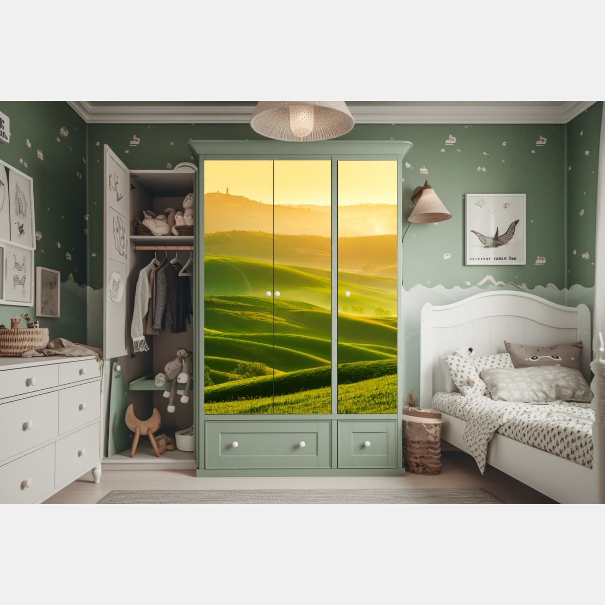 Naklejka na szafę złoty wschód słońca nad zielonymi falującymi wzgórzami – Wallissimo® Naklejka na szafę złoty wschód słońca nad zielonymi falującymi wzgórzami – Wallissimo®