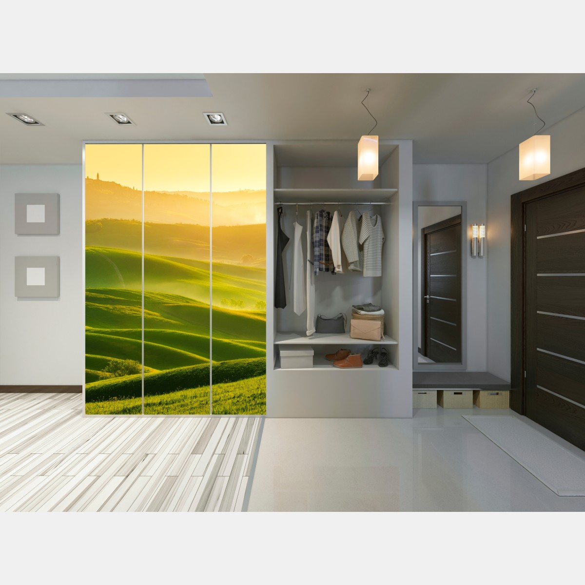 Naklejka na szafę złoty wschód słońca nad zielonymi falującymi wzgórzami – Wallissimo® Naklejka na szafę złoty wschód słońca nad zielonymi falującymi wzgórzami – Wallissimo®