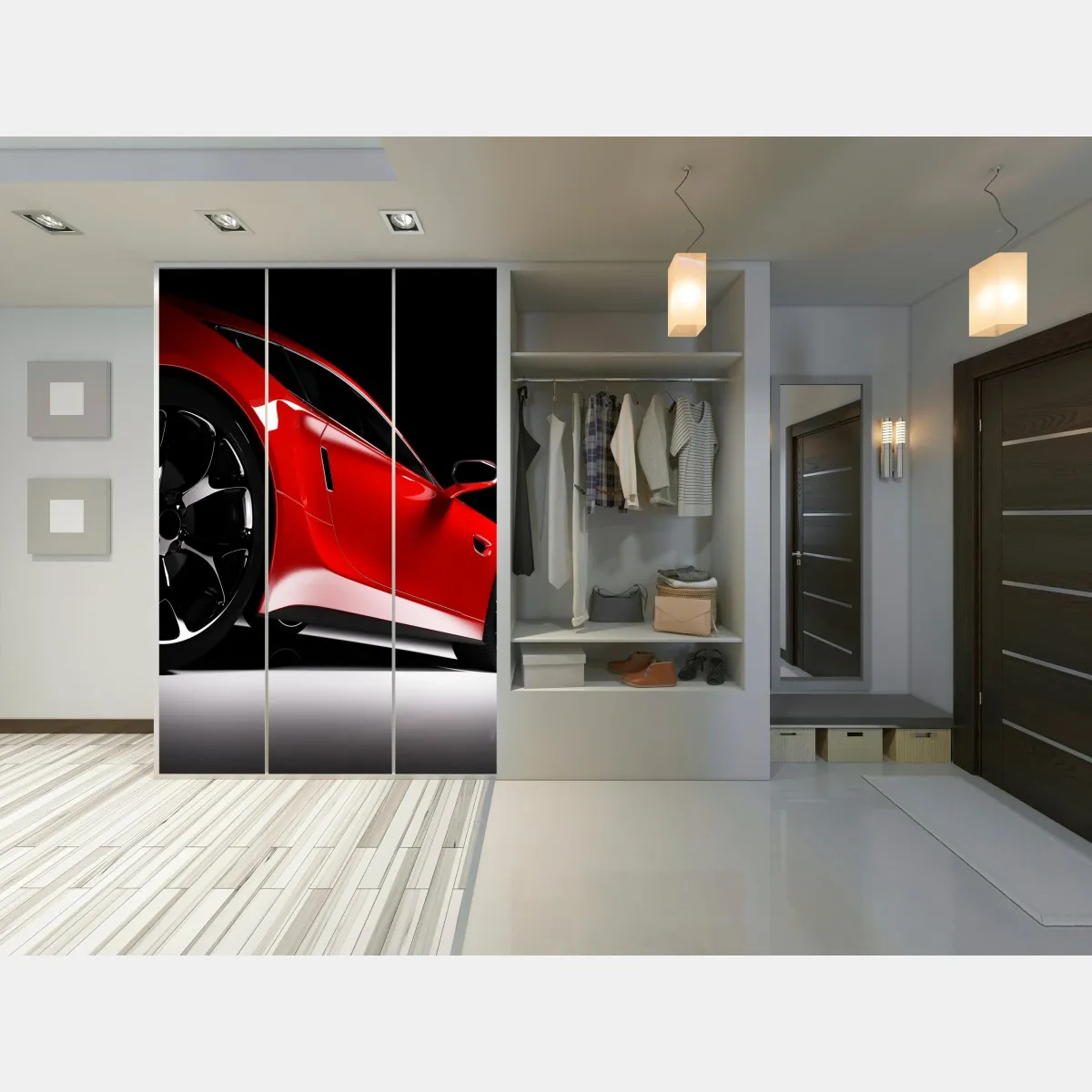 Naklejka na szafę zbliżenie czerwonego samochodu sportowego – Wallissimo® Naklejka na szafę zbliżenie czerwonego samochodu sportowego – Wallissimo®