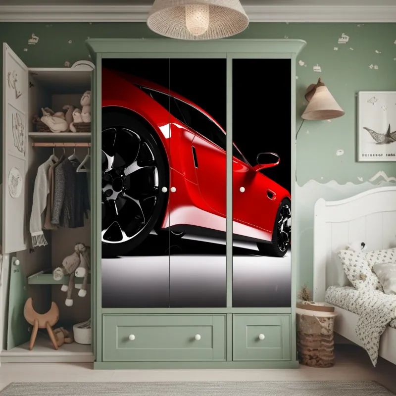 Naklejka na szafę zbliżenie czerwonego samochodu sportowego – Wallissimo® Naklejka na szafę zbliżenie czerwonego samochodu sportowego – Wallissimo®