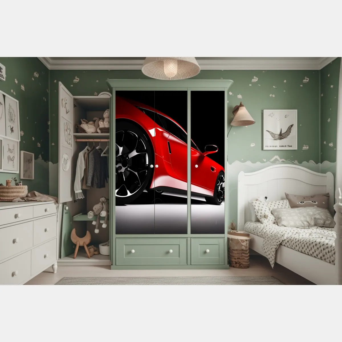 Naklejka na szafę zbliżenie czerwonego samochodu sportowego – Wallissimo® Naklejka na szafę zbliżenie czerwonego samochodu sportowego – Wallissimo®