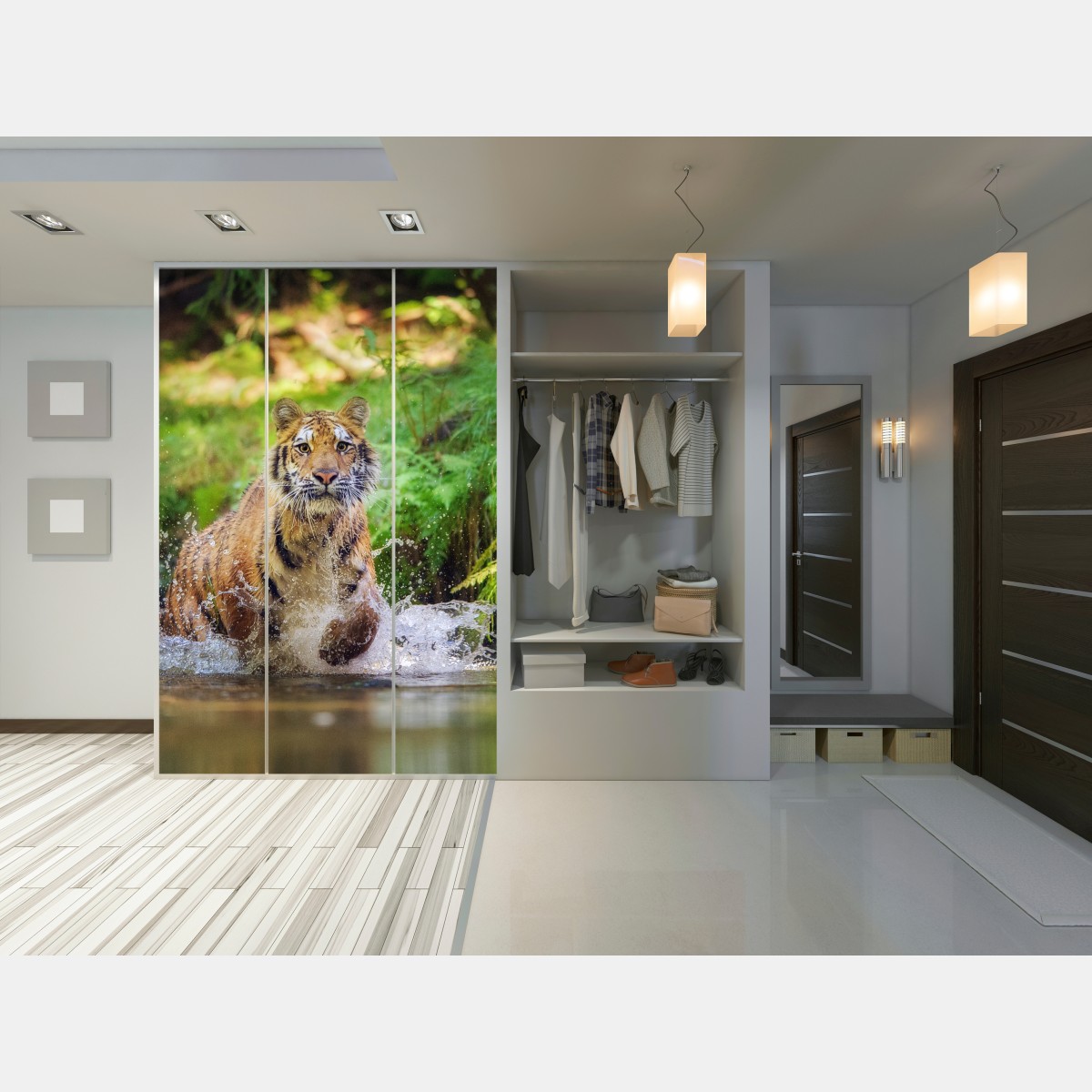 Naklejka na szafę majestatyczny tygrys w leśnym strumieniu – Wallissimo® Naklejka na szafę majestatyczny tygrys w leśnym strumieniu – Wallissimo®